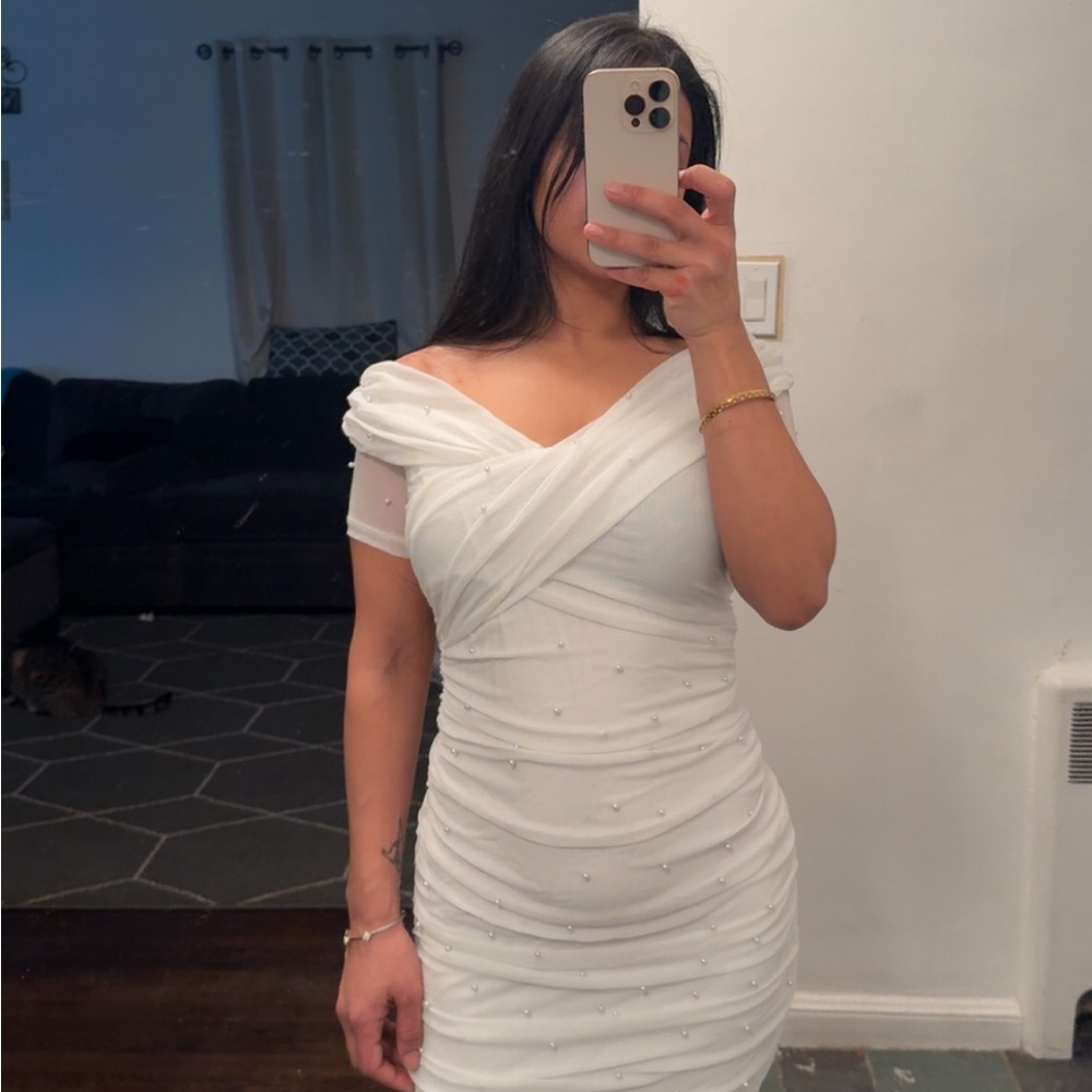White Off-Shoulder Ruched Mini Dress with Pearl Detail